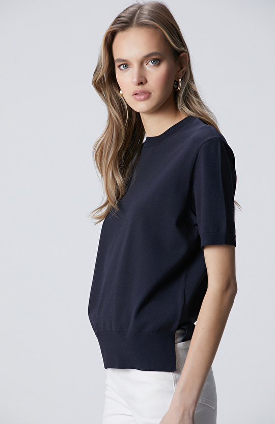 Lacivert İnce Ribana Örgü Dik Yaka Rayon Basic Kazak