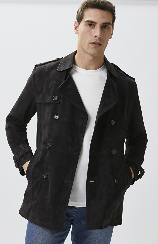 Navy Blue Leather Topcoat