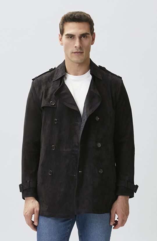 Navy Blue Leather Topcoat