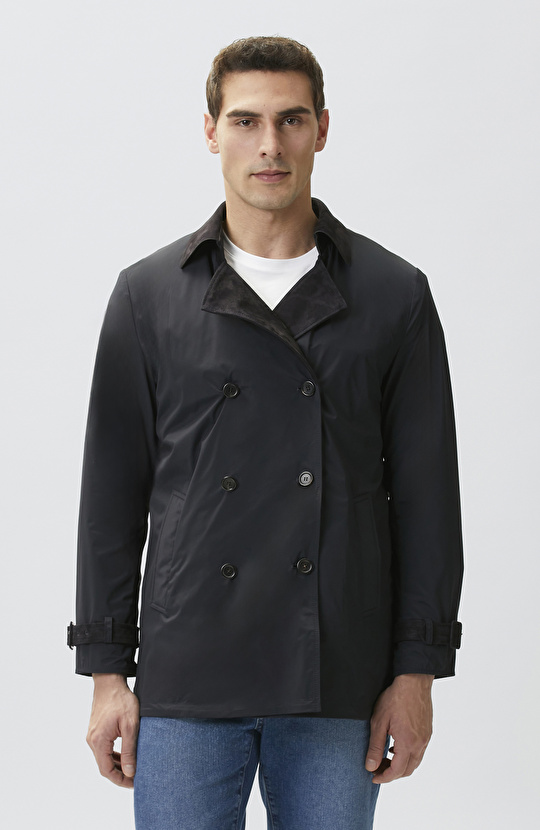 Navy Blue Leather Topcoat