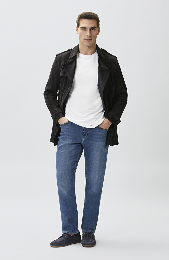 Navy Blue Leather Topcoat