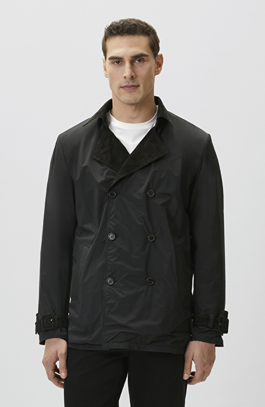 Siyah Çift Taraflı Süet Deri Pardösü