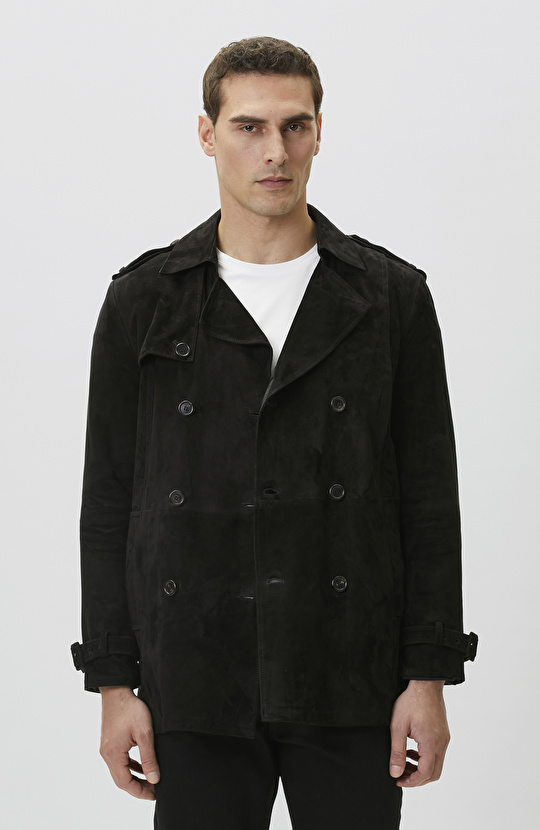 Siyah Çift Taraflı Süet Deri Pardösü