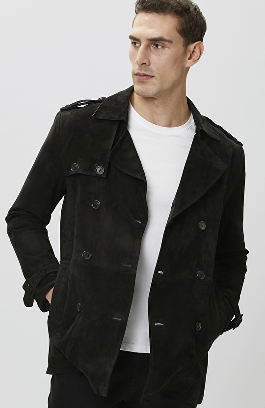 Siyah Çift Taraflı Süet Deri Pardösü