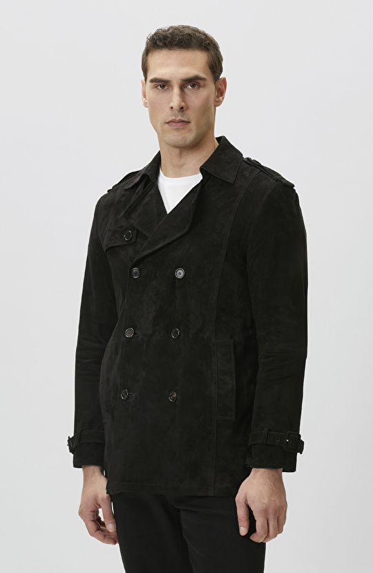 Siyah Çift Taraflı Süet Deri Pardösü