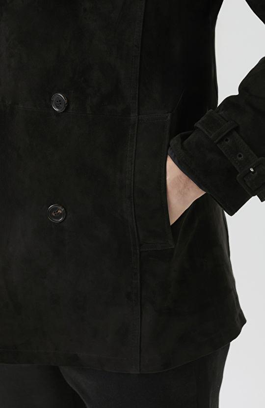 Siyah Çift Taraflı Süet Deri Pardösü