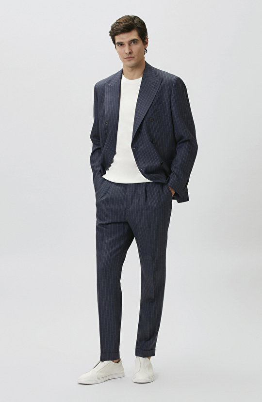 Navy Blue Limited Fabric Striped Linen Suit