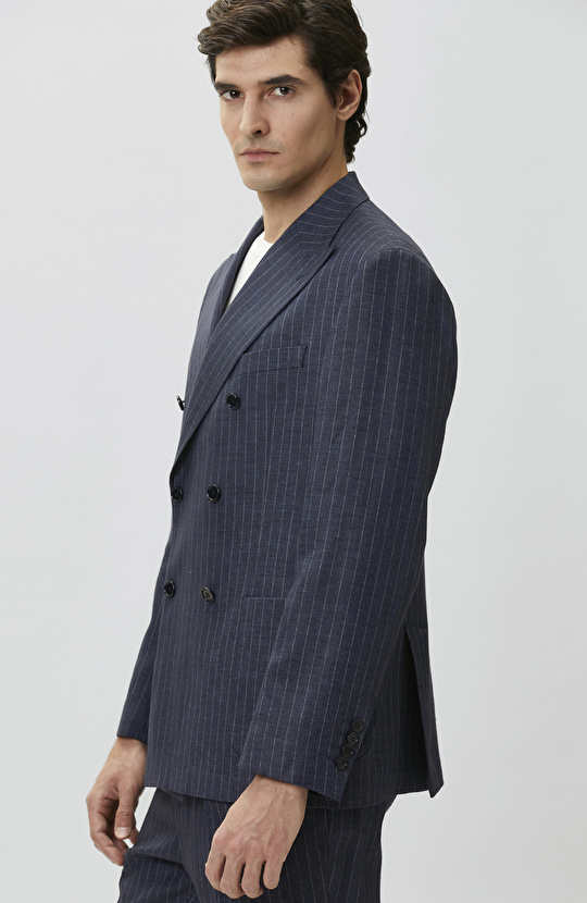 Navy Blue Limited Fabric Striped Linen Suit