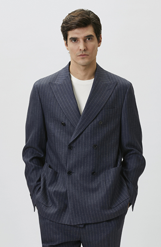 Navy Blue Limited Fabric Striped Linen Suit