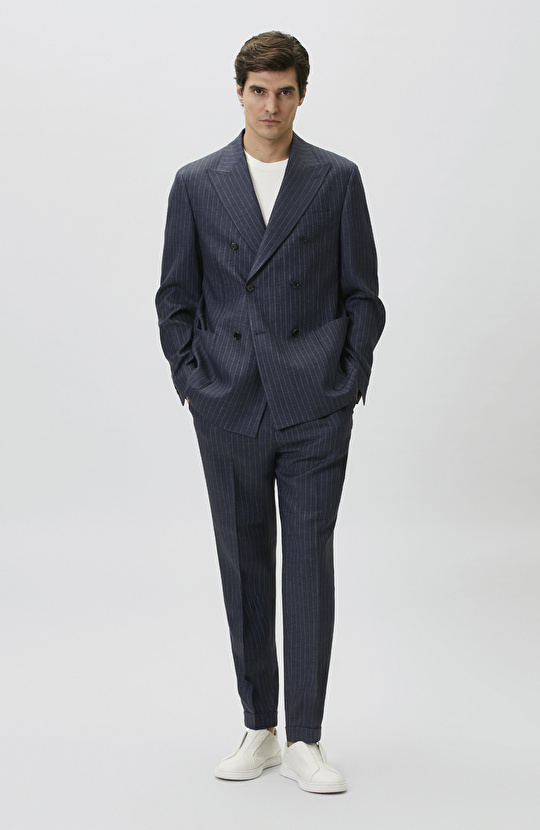 Navy Blue Limited Fabric Striped Linen Suit
