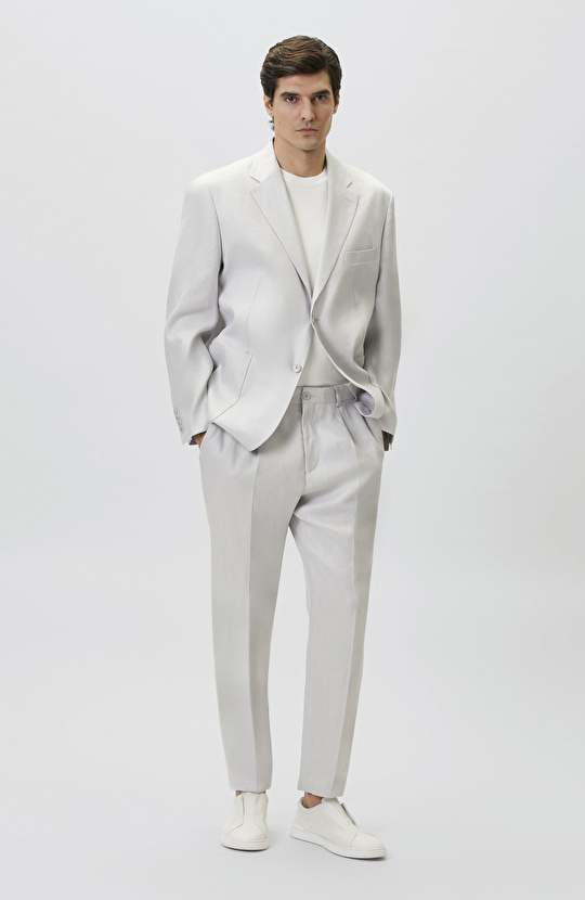 Gri Keten Karışımlı Pileli Takım Elbise