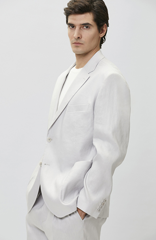 Gri Keten Karışımlı Pileli Takım Elbise