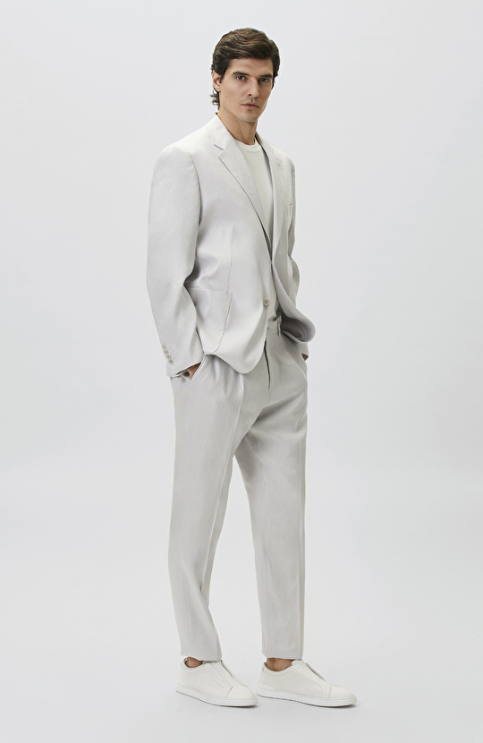 Gri Keten Karışımlı Pileli Takım Elbise