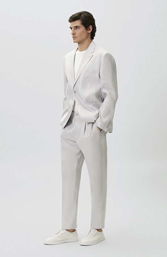 Gri Keten Karışımlı Pileli Takım Elbise