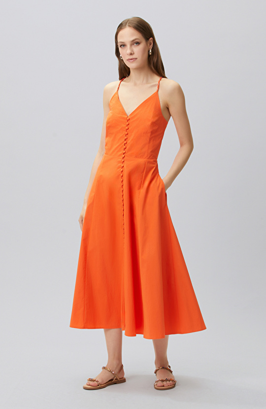 N-Tech Orange Low-cut Back Detailed Midi Dress