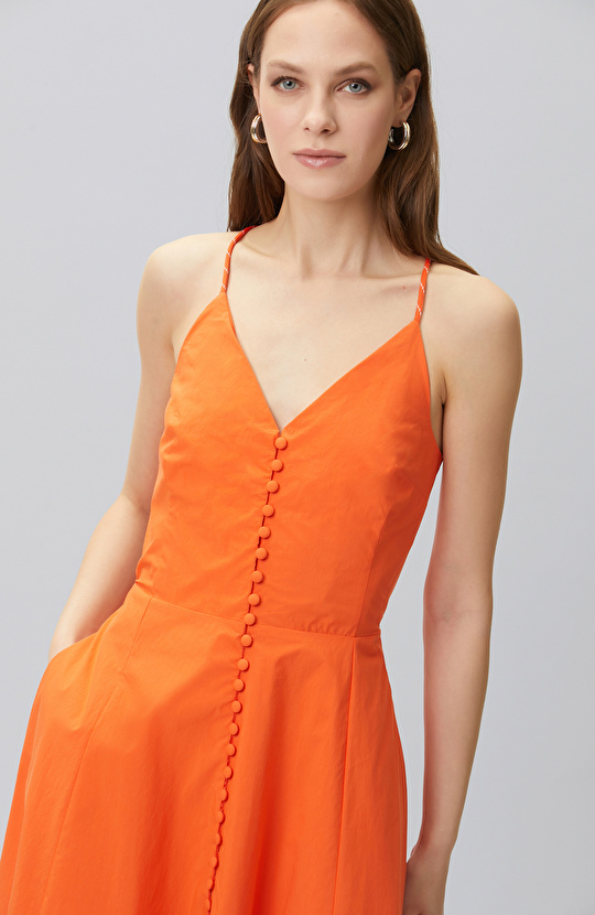 N-Tech Orange Low-cut Back Detailed Midi Dress