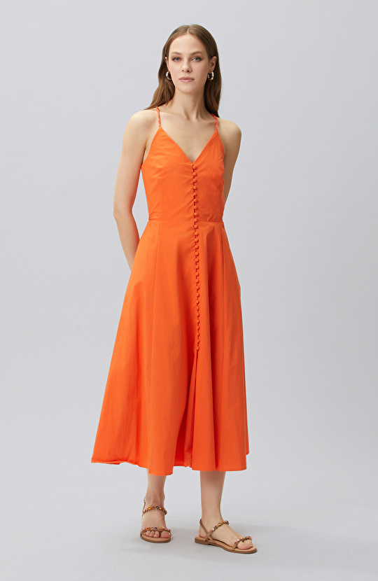 N-Tech Orange Low-cut Back Detailed Midi Dress