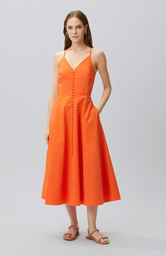 N-Tech Orange Low-cut Back Detailed Midi Dress
