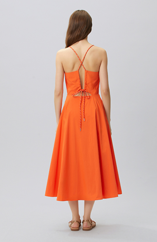 N-Tech Orange Low-cut Back Detailed Midi Dress