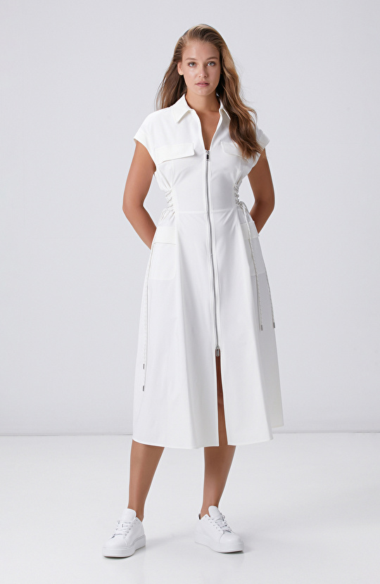 Kırık Beyaz N-tech  Bel Detaylı Midi Elbise