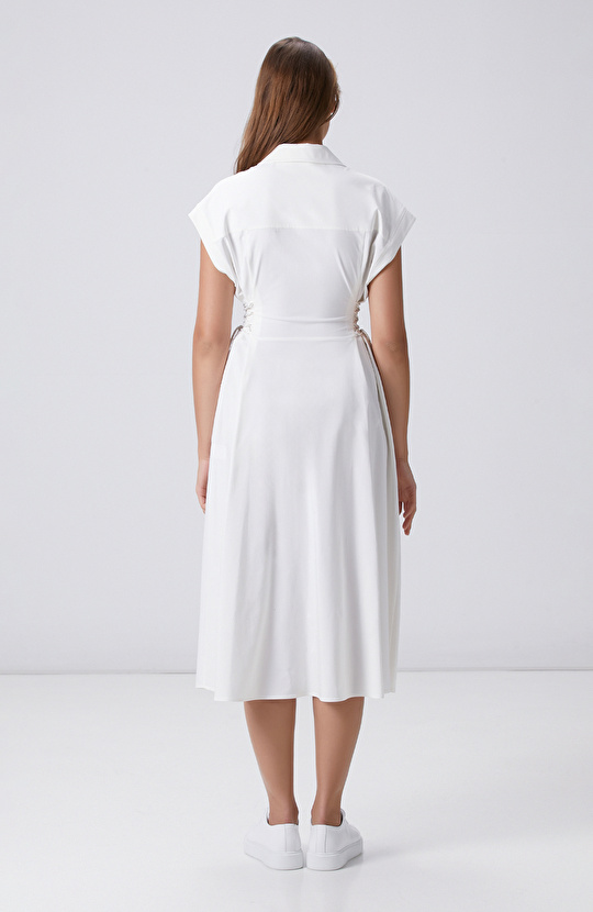 Kırık Beyaz N-tech  Bel Detaylı Midi Elbise