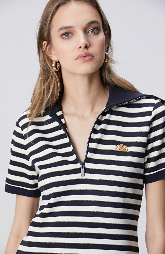 Navy Blue White Striped Mini Knitwear Dress