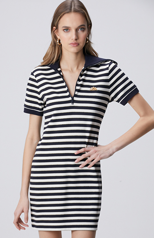 Navy Blue White Striped Mini Knitwear Dress