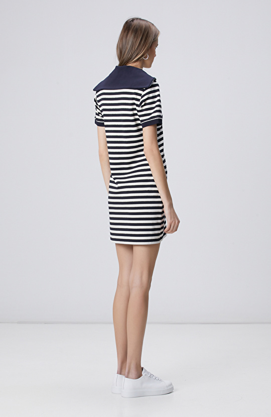 Navy Blue White Striped Mini Knitwear Dress