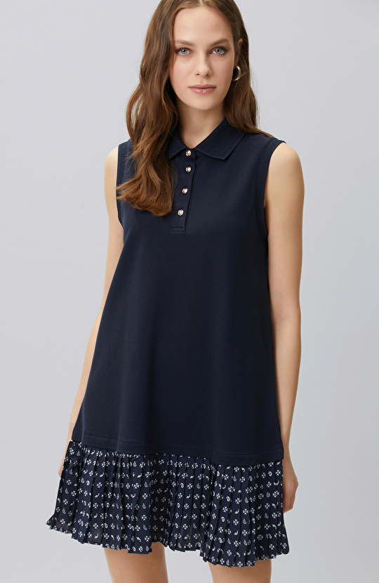Navy Blue Paisley Pattern Garnished Knitted Dress