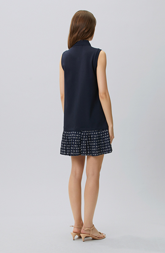 Navy Blue Paisley Pattern Garnished Knitted Dress