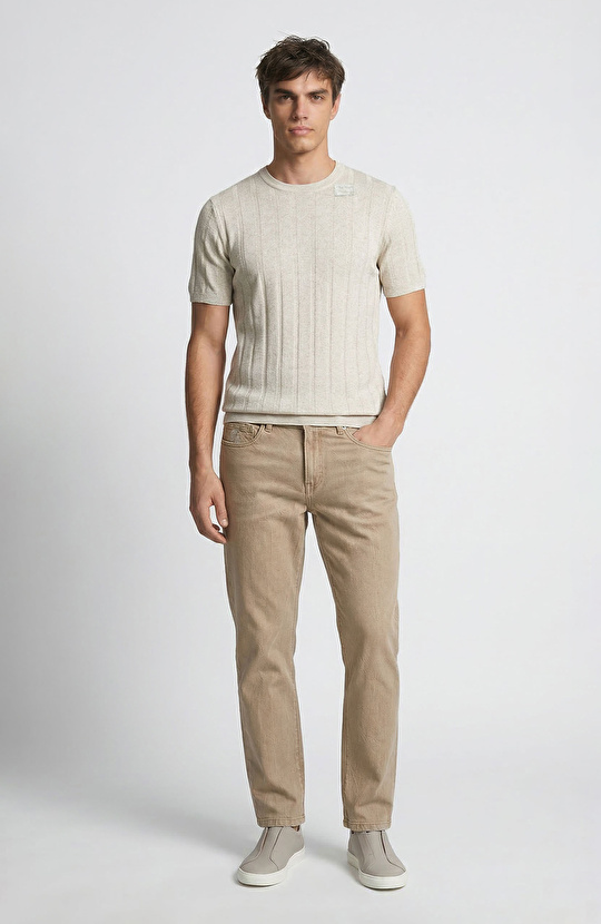 Bej Düz Paça Denim Pantolon