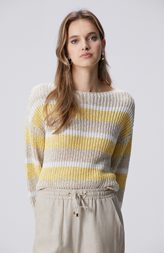 Bej Truvakar Kol Çizgili Triko Kazak