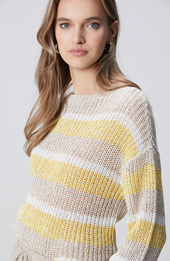 Bej Truvakar Kol Çizgili Triko Kazak