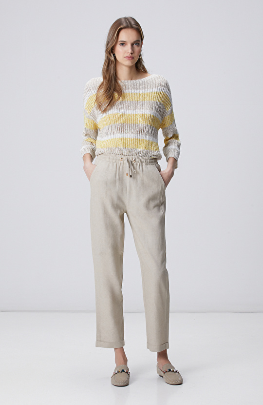 Bej Truvakar Kol Çizgili Triko Kazak