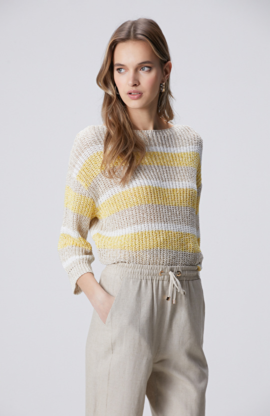 Bej Truvakar Kol Çizgili Triko Kazak