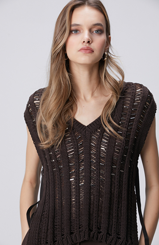 Limited Acı Kahve Taş Detaylı Triko