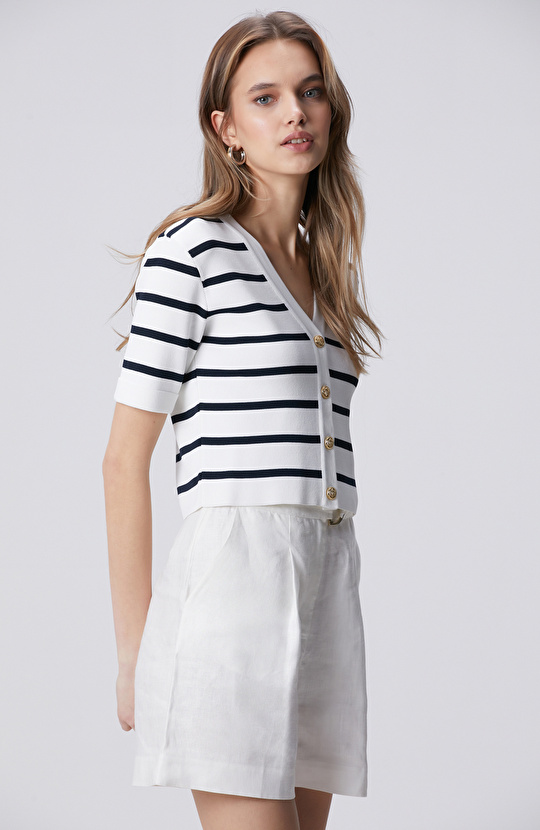 Lacivert Beyaz Çizgili Triko Ceket