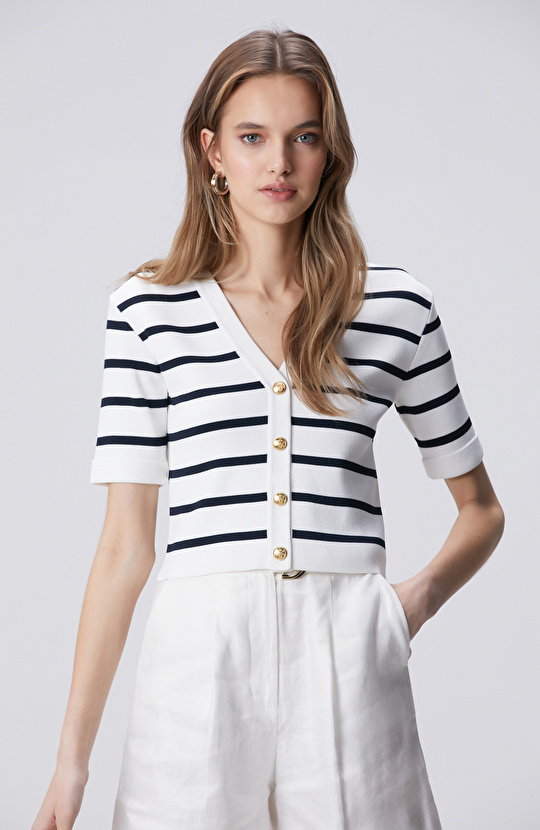 Lacivert Beyaz Çizgili Triko Ceket