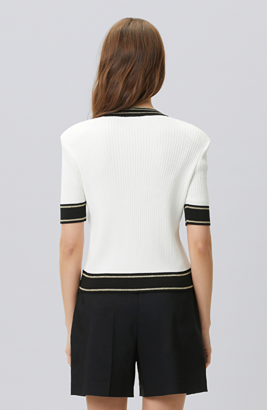 Siyah Kırık Beyaz V Yaka Vatkalı Triko Ceket