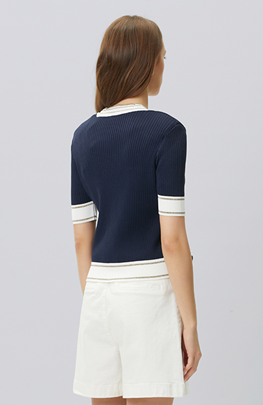 Lacivert Beyaz Vatkalı V yaka Triko Ceket