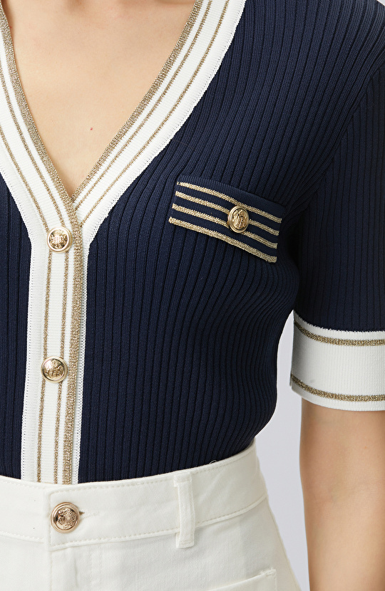 Lacivert Beyaz Vatkalı V yaka Triko Ceket