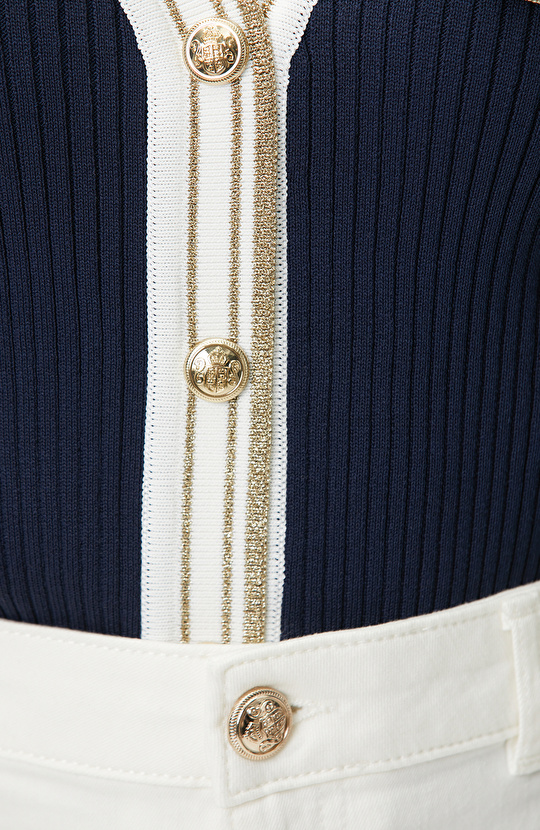 Lacivert Beyaz Vatkalı V yaka Triko Ceket