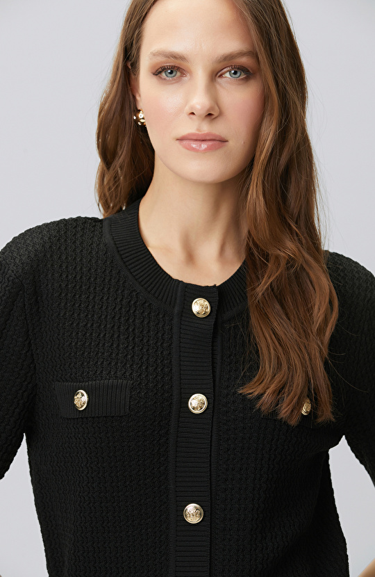 Siyah Kısa Kol Düğme Detaylı Triko Ceket