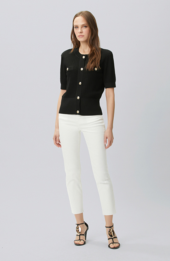 Siyah Kısa Kol Düğme Detaylı Triko Ceket