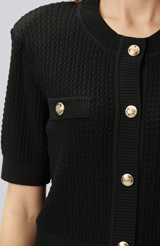 Siyah Kısa Kol Düğme Detaylı Triko Ceket