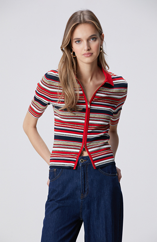 Lacivert Kırmızı Kısa Kol Triko Hırka