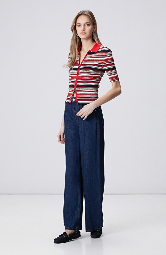 Lacivert Kırmızı Kısa Kol Triko Hırka