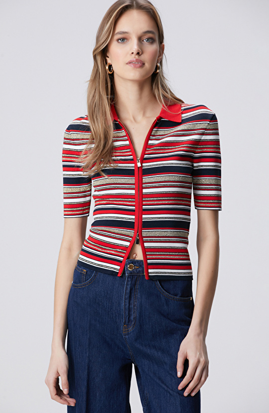 Lacivert Kırmızı Kısa Kol Triko Hırka