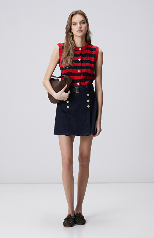 Lacivert Kırmızı Çizgili Triko Ceket