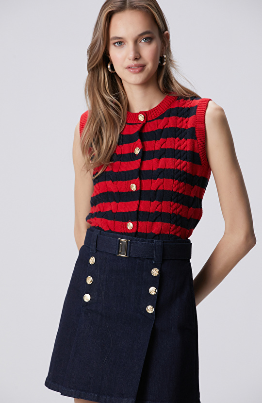 Lacivert Kırmızı Çizgili Triko Ceket